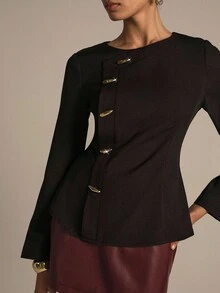 Modelyn 编织无弹力黑色长袖金属纽扣修身户外衬衫，时尚优雅，适合女性，女士秋季服装，女士西装外套，女士优雅衬衫 - 黑色 - 查看 6