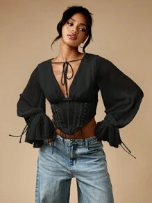 MISSGUIDED 复古系带束身衣灯笼袖雪纺上衣维多利亚蒸汽朋克秋季时尚农民衬衫派对晚会俱乐部服装个性单品 - 黑色 - 查看 3