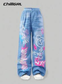 SHEIN ChillGRL Tween Girls Graffiti Denim Effect Straight Leg Pants - Baby Blue - View 1
