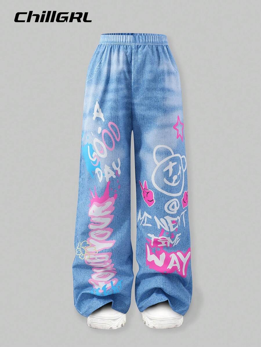SHEIN ChillGRL Tween Girls Graffiti Denim Effect Straight Leg Pants - Baby Blue - View 1