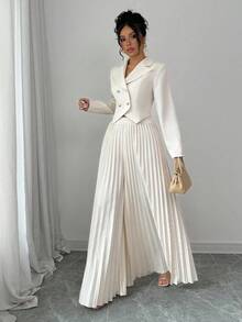 SHEIN PETITE Bộ quần dài xếp ly thanh lịch cho nữ - Màu be - Xem 6