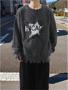 Claim Dot 男士休闲时尚街头字母星星图案原始破洞边缘落肩宽松套头衫，秋冬破洞毛衣男士垃圾摇滚毛衣圆领毛衣图案毛衣男士 90 年代毛衣 - 彩色 - 查看 4