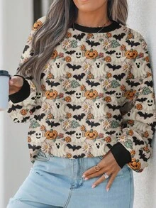EMERY ROSE Bluza z nadrukiem dyni i potwora na Halloween w dużym rozmiarze, luźny krój, okrągły dekolt, długi rękaw, kostium na Halloween, jesienna bluza damska, zimowa, jesienna bluza damska na Halloween - Wielokolorowe - Zobacz 2