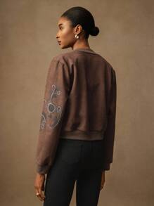 Lyxana Suede Print Rhinestone Decor Baseball Collar Button Front Casual Jacket For Women Fall Winter Cloth For Women - Coffee Brown - View 2