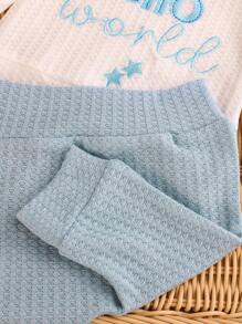 SHEIN Newborn Photography Outfit - Baby Boys/Girls 1-3 Months "HELLO" Embroidered Top, Pant & Hat 3-Piece Set, Infant Studio Prop Clothes Baby Boy Knitted Set Fall Winter