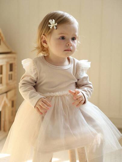 SHEIN 婴儿休闲圆领长袖网眼驼色连衣裙，秋冬