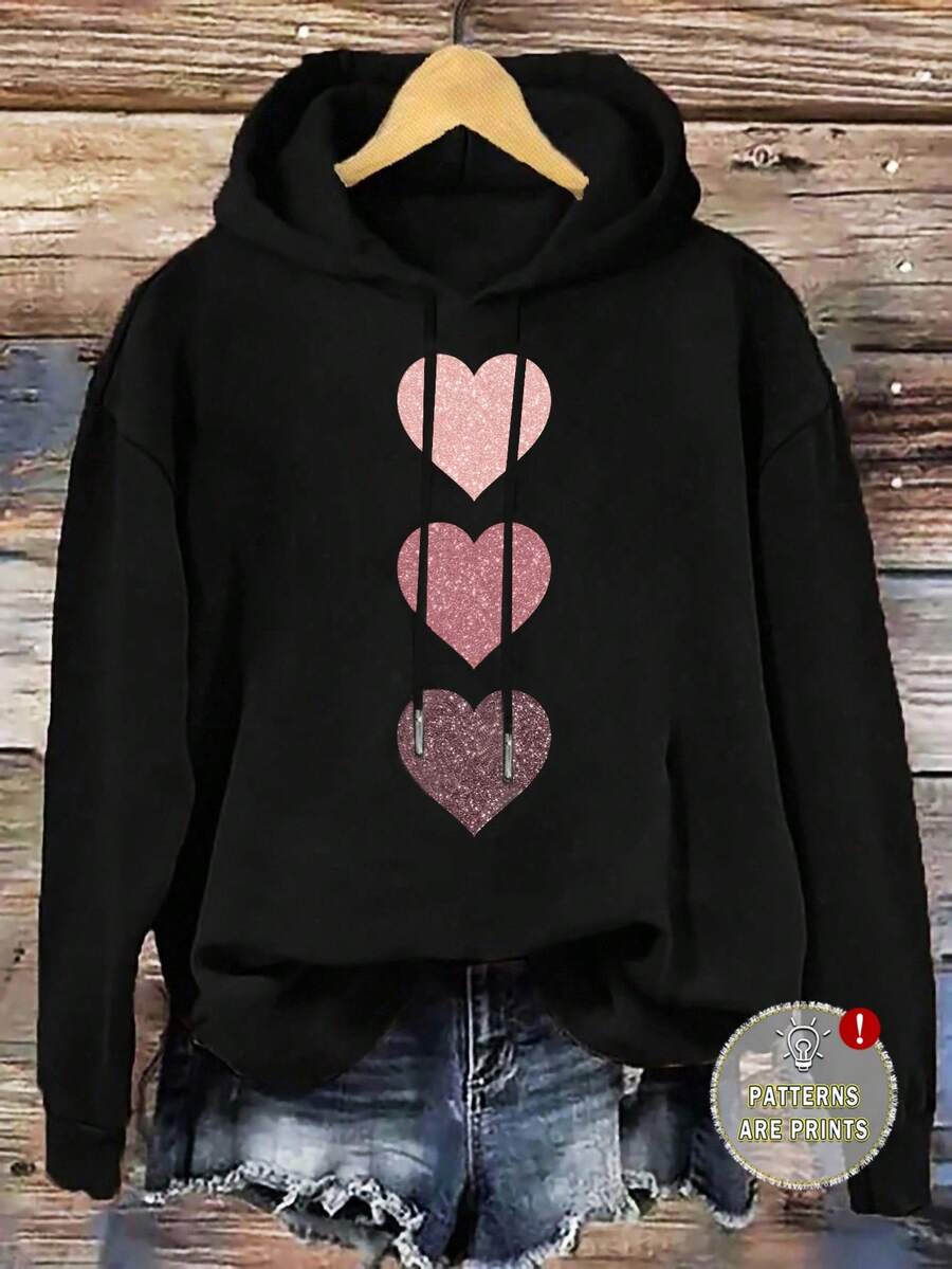 EMERY ROSE Casual Minimalist Pink Heart Pattern Plus Size Drop Shoulder Drawstring Sweatshirt, Suitable For Autumn/Winter Back To School Season,Fall Clothes For Women - Black - View 1