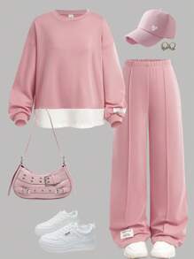 青春期女孩粉色、旅行、春夏、假期、返校节、休闲针织拼布、编织标记、圆领长袖上衣和裤子套装、返校毕业服装 - 粉色 - 查看 2