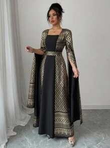 Rafferiza Fashionable Minimalist Square Collar Long Lantern Sleeve Foil Printed Spring & Summer Long Dress Fall Cloth For Women - Black - View 6