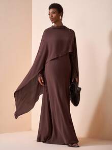 Zivah Cape-Style Asymmetrical Hem Loose Top & Round Neck Long Sleeve Dress Set,Fall - Brown - View 1