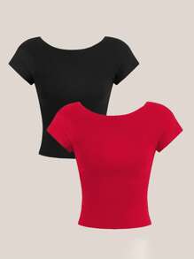 SHEIN EZwear 2 件性感露背圆领短袖短款 T 恤，适合女士，夏季 - 彩色 - 查看 2