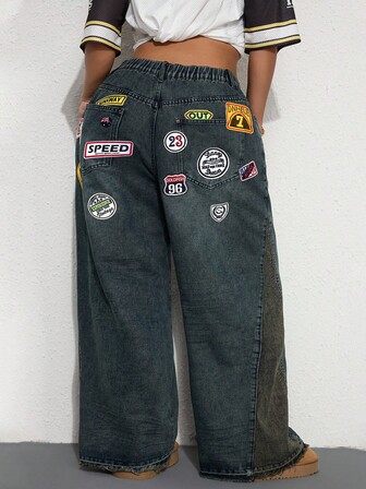 Street Life Plus Size Color Block Pocket Decor Wide Leg Jeans
