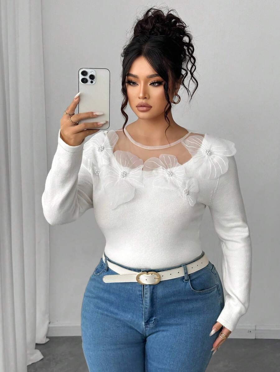 Elenzga Plus Size Mesh Patchwork Applique Elegant Long Sleeve Pullover Sweater Winter Fall Autumn