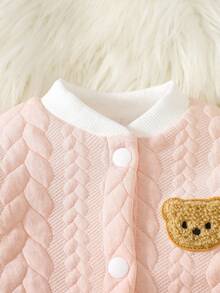 SHEIN 新生儿秋冬新款棉混纺长袖熊图案时尚婴儿两件套，长袖上衣和裤子 - 粉色 - 查看 8