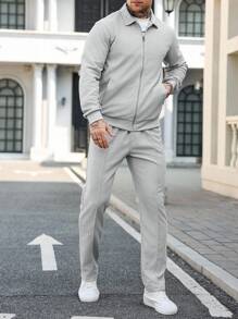 Manfinity Homme 宽松男士纯色休闲两件套秋季服装 - 灰色 - 查看 5