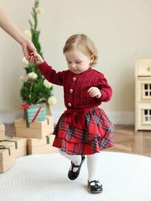SHEIN Baby Girl Versatile Autumn/Winter/Christmas Set: Solid Red Round Neck Long-Sleeved Top Paired With A Red Plaid Elastic Waist Skirt. Perfect For Christmas Gifts, Autumn Dresses, Christmas Celebrations, Back-To-School Wear, And Carnivals. - Burgundy - View 4