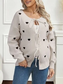 SHEIN Maternity Heart Print Tie Front Long Sleeve Cardigan