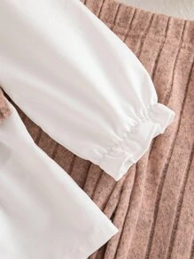 SHEIN 2pcs/Set Baby Girls Autumn New Outfit, White Patchwork Ribbed Fabric Long Sleeve 2 In 1 Shirt With Bow, Casual Ribbed Flare Pants, Versatile Everyday Wear