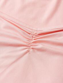 SHEIN Tween Girl 纯色褶皱胸围甜美女孩学校休闲耸肩 T 恤，适合返校、可爱、假日家庭户外秋季野餐、日常穿着 - 淺粉色 - 查看 4