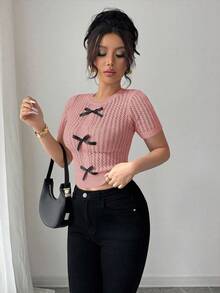 Elenzga Women's Hollow Out Soft Rope Knit Bow Decor Pullover Top, Suitable For Beach - Pink - View 3