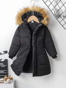 Elladie kids Autumn/Winter New Girls Young Girl Fashionable Thick Mid-Long Hooded Coat With Fur Collar, Korean Style Longline Outerwear Fall Girls Coat Black - Black - View 3