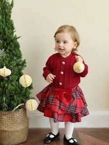 SHEIN Baby Girl Versatile Autumn/Winter/Christmas Set: Solid Red Round Neck Long-Sleeved Top Paired With A Red Plaid Elastic Waist Skirt. Perfect For Christmas Gifts, Autumn Dresses, Christmas Celebrations, Back-To-School Wear, And Carnivals. - Burgundy - View 3