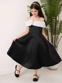 Tween Girl Spaghetti Strap Cold Shoulder Floral Decor Fashion Summer Dress - Black and White - View 1