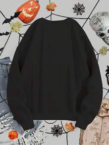 SHEIN CURVE+ 加大码万圣节鬼魂季、秋季南瓜、鬼魂妈妈图案羊毛圆领女式运动衫 - 黑色 - 查看 2