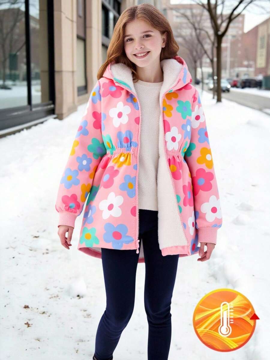 SHEIN 少女甜美休闲梭织数码印花彩色多巴胺花朵连帽拉链弹力腰带罗纹袖口长袖保暖中长款舒适外套,秋冬款 - 粉色 - 查看 1