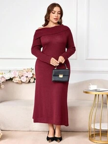 Modelyn Plus Size Women Faux Cashmere Off-Shoulder Bodycon Dress Winter Fall Autumn - Burgundy - View 6