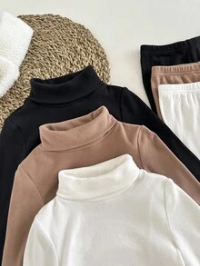LMoss Kids LMoss 6pcs Young Girl Solid Color Knit Stand Collar Casual T-Shirt&Pants Set, Family Matching, Versatile Winter Clothes For Young Girls, Sister And Me Leggings - Multicolor - View 7