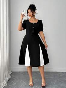 Elenzga Plus Size Color Block Round Neck Elegant Commuter Short Sleeve Dress, Summer - Black - View 3