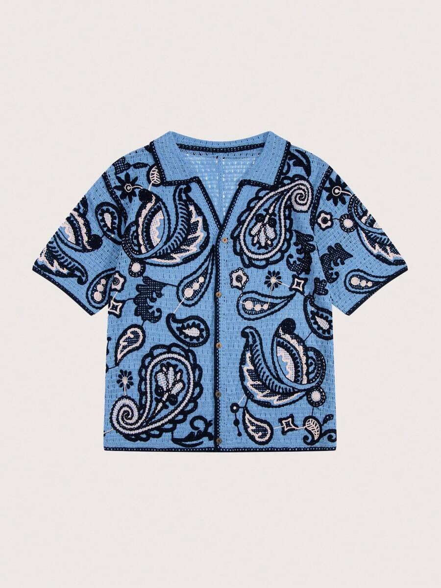 Manfinity Homme Men's Vintage Pattern Short Sleeve Knit Sweater - Baby Blue - View 1