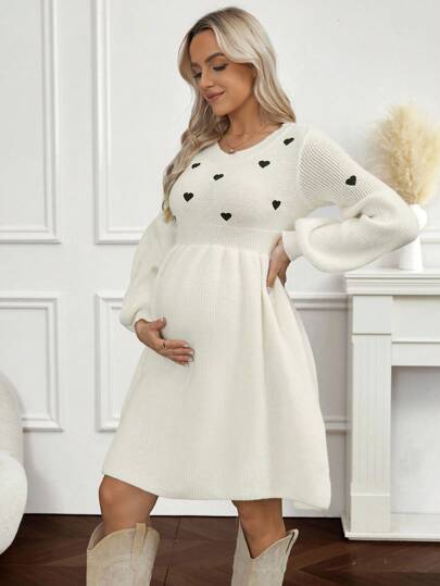 SHEIN Maternity Round Neck Lantern Sleeve Heart Pattern Jacquard Knit Casual Sweater Dress