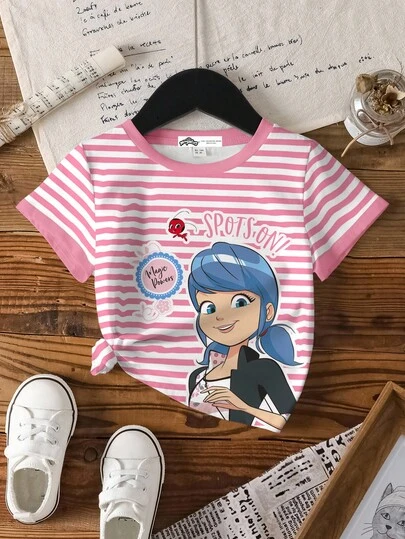 Miraculous Ladybug X SHEIN Young Girl Striped Figure Graphic Round Neck Short Sleeve T-Shirt, Summer