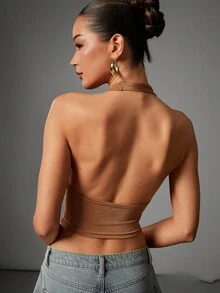 Hauture Women's Asymmetric Neck Hanging Ring Detail Fitted Blouse - Mocha Brown - View 3