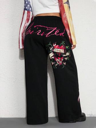 Grunge Punk Plus Size Women Loose Fit Vintage Heart Skull Plant Letter Graphic Sweatpants, Suitable For Loungewear