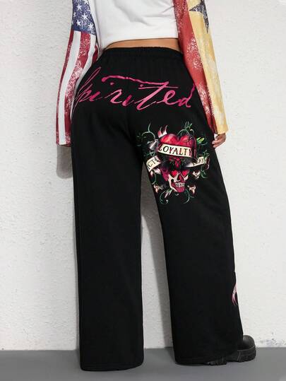 Grunge Punk Plus Size Women Loose Fit Vintage Heart Skull Plant Letter Graphic Sweatpants, Suitable For Loungewear