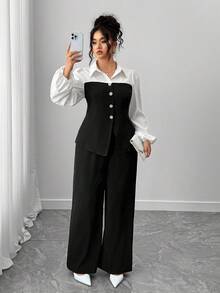Elenzga Collezione di eleganza eccentrica (vibrazioni di "Woe Is Me")(Estetica del mercoledì) 2 pezzi Completo elegante vintage in bianco e nero con patchwork