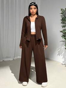 SHEIN EZwear 大码女式两件套：棕色修身舌形下摆拉链夹克 + 宽松松紧腰长裤，羊毛面料，秋冬棕色两件套 2 件休闲套装女士棕色连帽拉链套装 2 件套女士女士棕色裤子套装 - 巧克力棕 - 查看 4