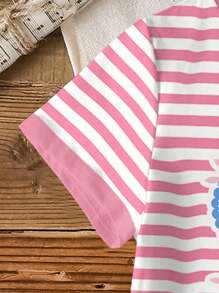 Miraculous Ladybug X SHEIN Young Girl Striped Figure Graphic Round Neck Short Sleeve T-Shirt, Summer - White - View 7