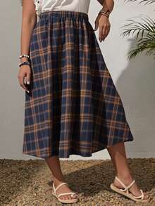 Rusticease Plus Size Women Country Casual Plaid Elastic Waist Flare Skirt,Winter Women Clothes Plaid Skirt Womentartan Skirtlong Skirt Winter