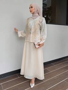 DAZY Women's Applique Decor Drop-Shoulder Long Sleeve Shirt And Mini Skirt 2 Pieces Elegant Set,Fall Clothes Modest Fashion - Beige - View 6