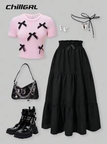 SHEIN Explorewe 2pcs/Set Tween Girls Pink Printed Pullover T-Shirt & Layered Ruffle Hem Skirt Set - Multicolor - View 1