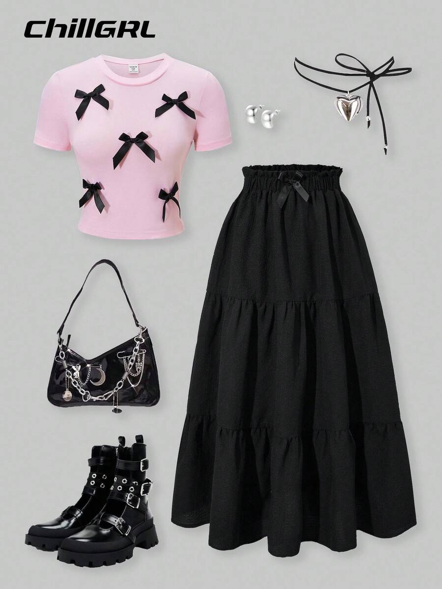 SHEIN Explorewe 2pcs/Set Tween Girls Pink Printed Pullover T-Shirt & Layered Ruffle Hem Skirt Set - Multicolor - View 1