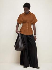 BizChic 女式棕色领腰橙色收腰前开肩袖衬衫上衣，基本款简约优雅商务休闲办公装，适合城市通勤、教师、婚礼嘉宾、音乐会 - 棕色 - 查看 5