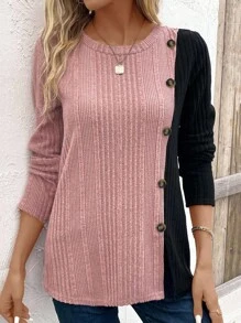 EMERY ROSE Women's Contrast Color Ribbed Long Sleeve T-Shirt For New Year Clothes Graphic Tees Women Tops For Spring - Pink - View 4