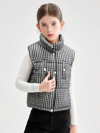 1 件女童格子/格纹加厚背心，百搭英伦风马甲，秋冬