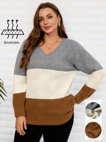 EMERY ROSE Plus Size Women Casual Colorblock V-Neck Long Sleeve Pullover Sweater Fall Clothes For Women Fall Clothes Plus Size Fall Sweaters Winter Coat Women Women's Winter Sweater  Fall Sweaters