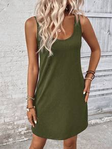 SHEIN Tall Women's Casual Sleeveless Solid Color Sundress, Summer - Army Green - View 3
